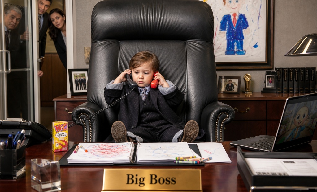 Copil Big Boss cu două telefoane — ilustrație amuzantă administrare afaceri