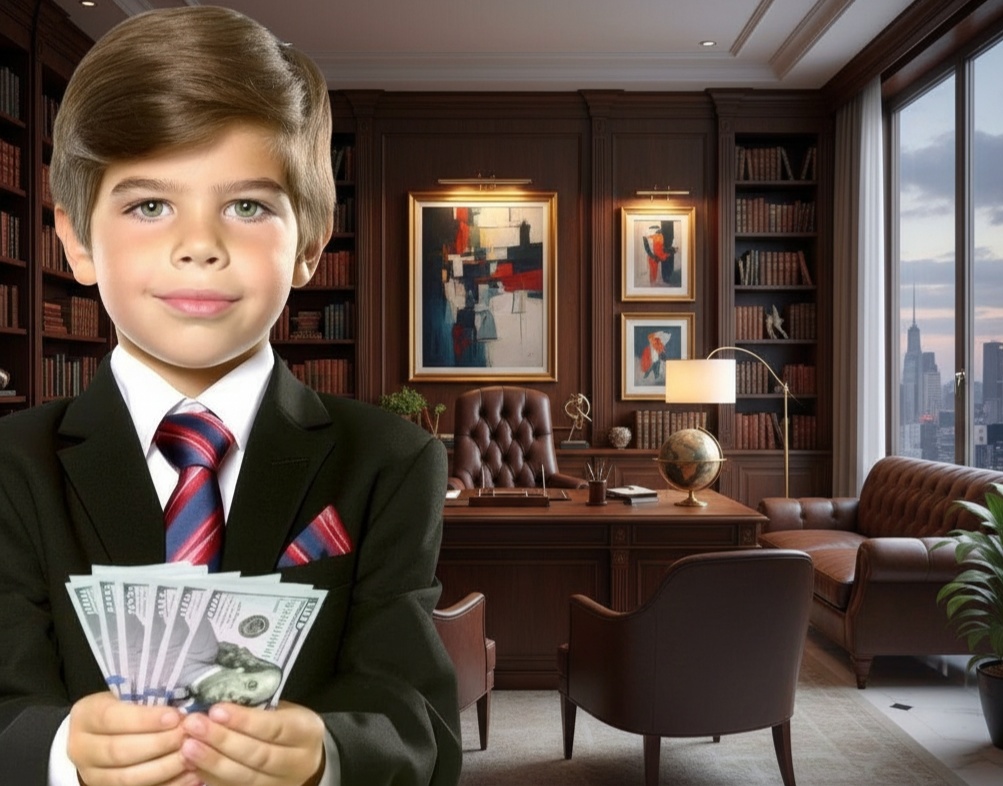 Băiat cu banii în mână — ilustrație amuzantă CFO externalizat